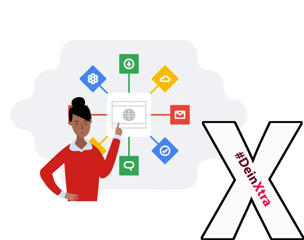 Bildnachweis: © Google Zukunftswerkstatt #DeinXtra | Bild die Möglichkeiten der Google Zukunftswerkstatt anhand verschiedener Pictogramme wie einem Briefumschlag oder eine Wolke...